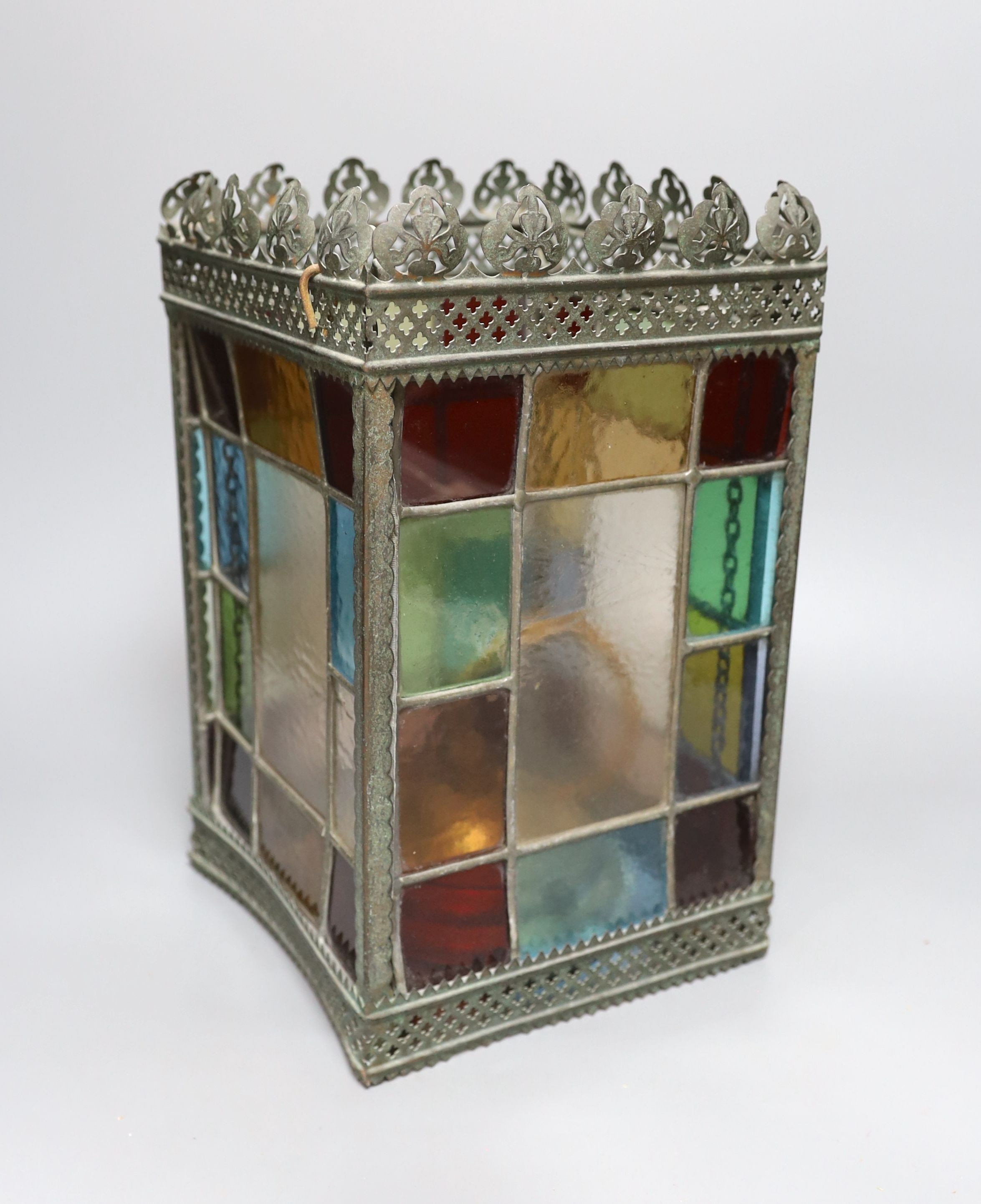 A Victorian style stained glass rectangular hall lantern - 33cm high